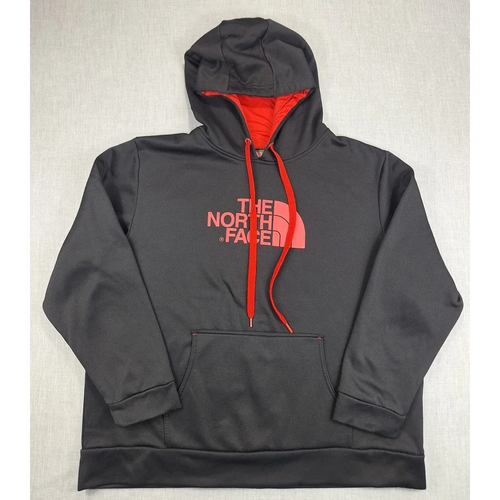 The North Face Mens XXL Black Red Logo Pullover Hoodie Fleece Lined Sweatshirt
